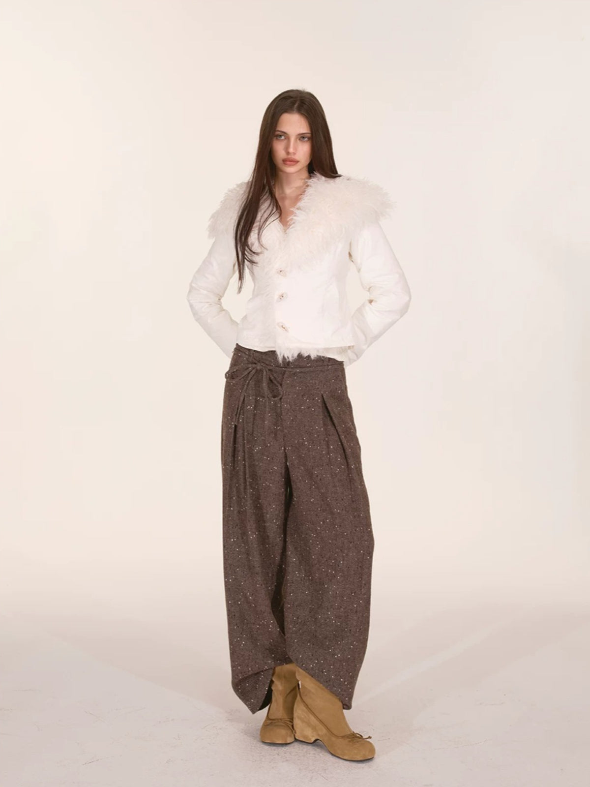 Speckled Wool Blend Wide Leg Pants