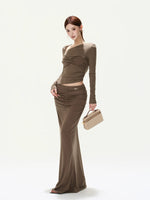 Retro Knit Off-Shoulder Top & Ruched Skirt Set