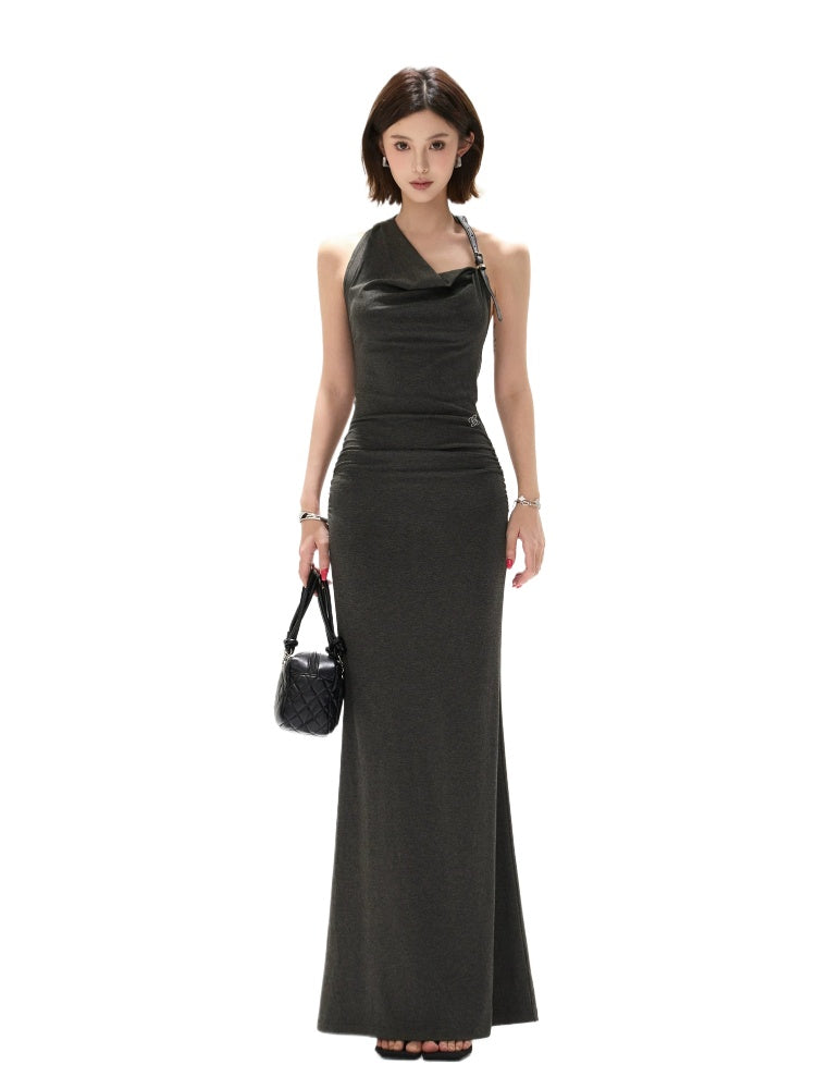 Gray Halter Knit Maxi Dress
