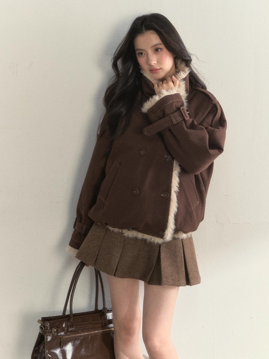 “Warm Oak Grove” Double-Breasted Faux Shearling Parka