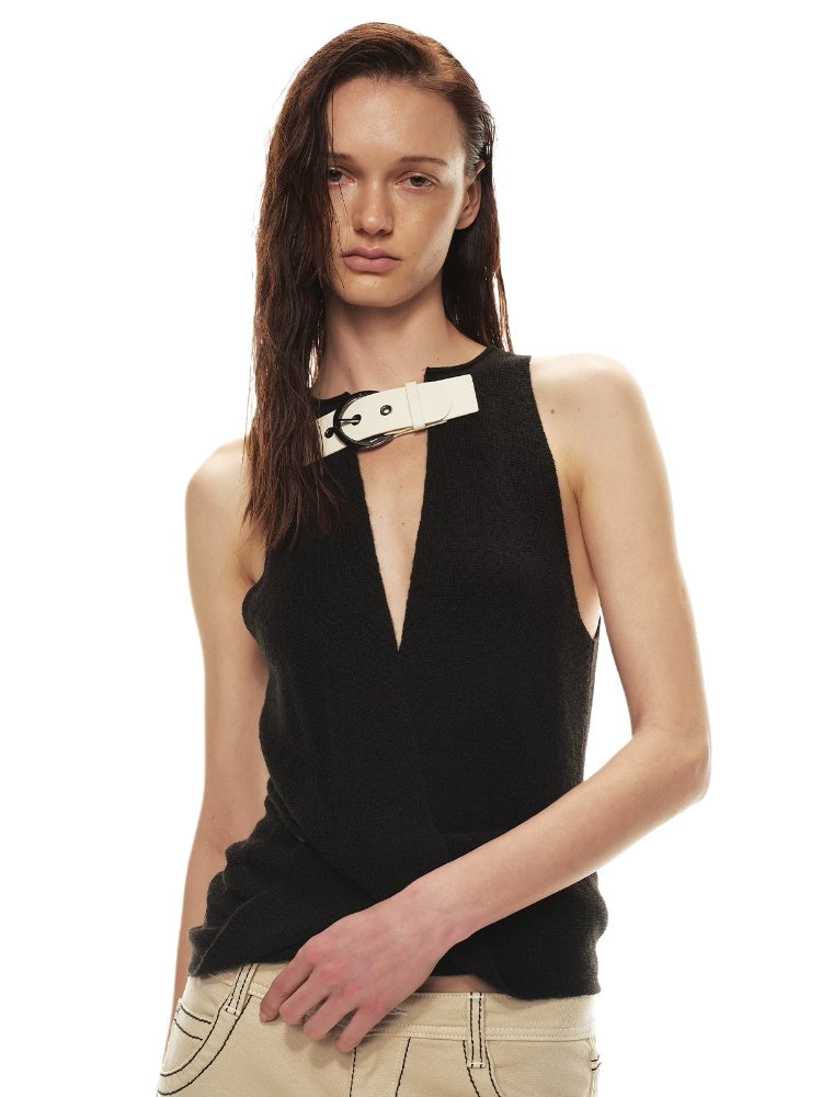 Leather Buckle V-Neck Vest