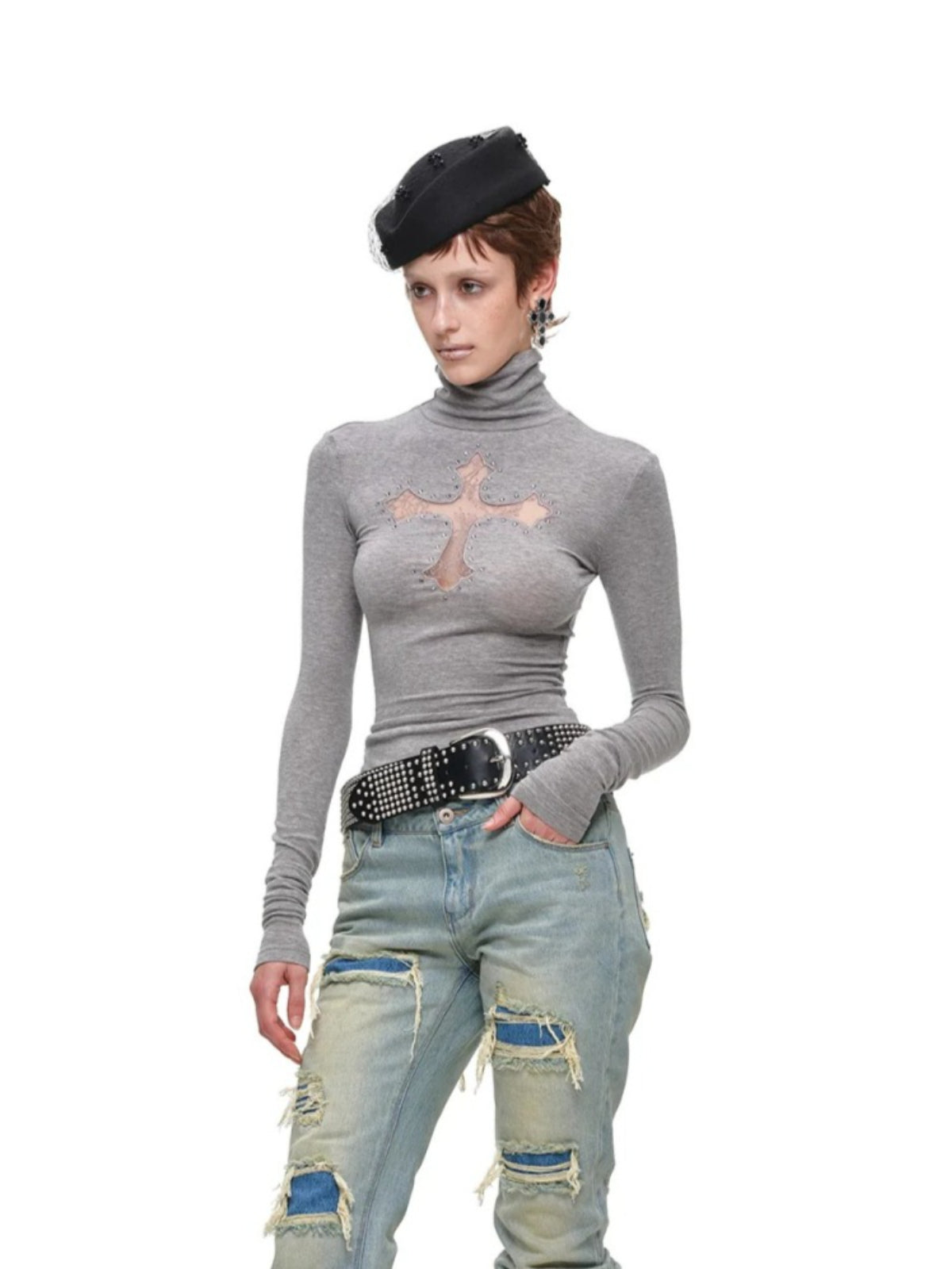 Cross Lace Rhinestone Turtleneck Top