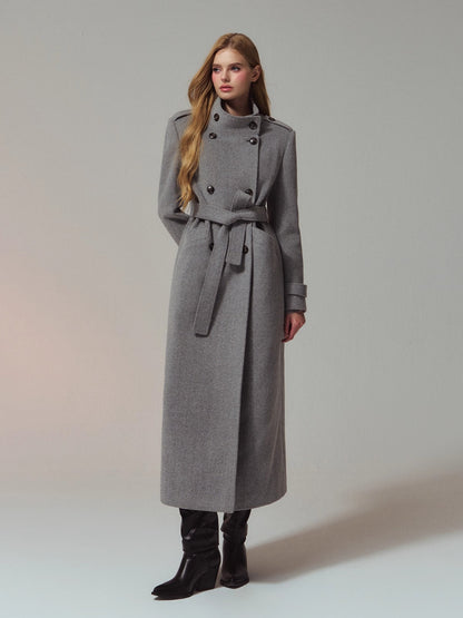 Structured Epaulette Stand-Collar Wool Long Coat