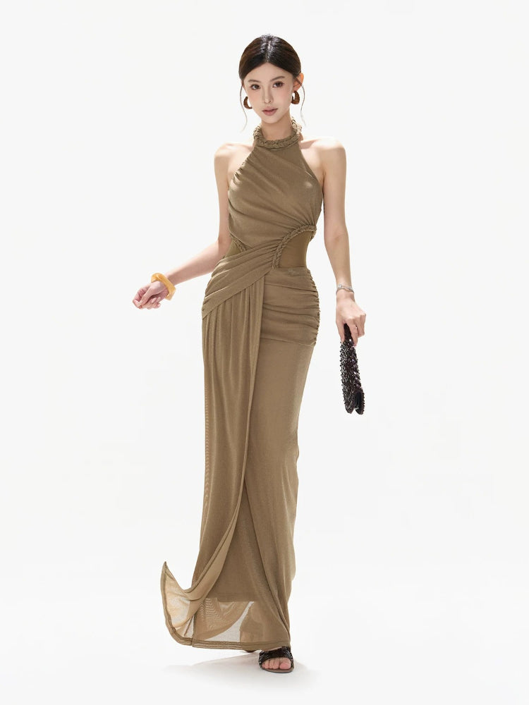 Halter Ruched Mesh Dress