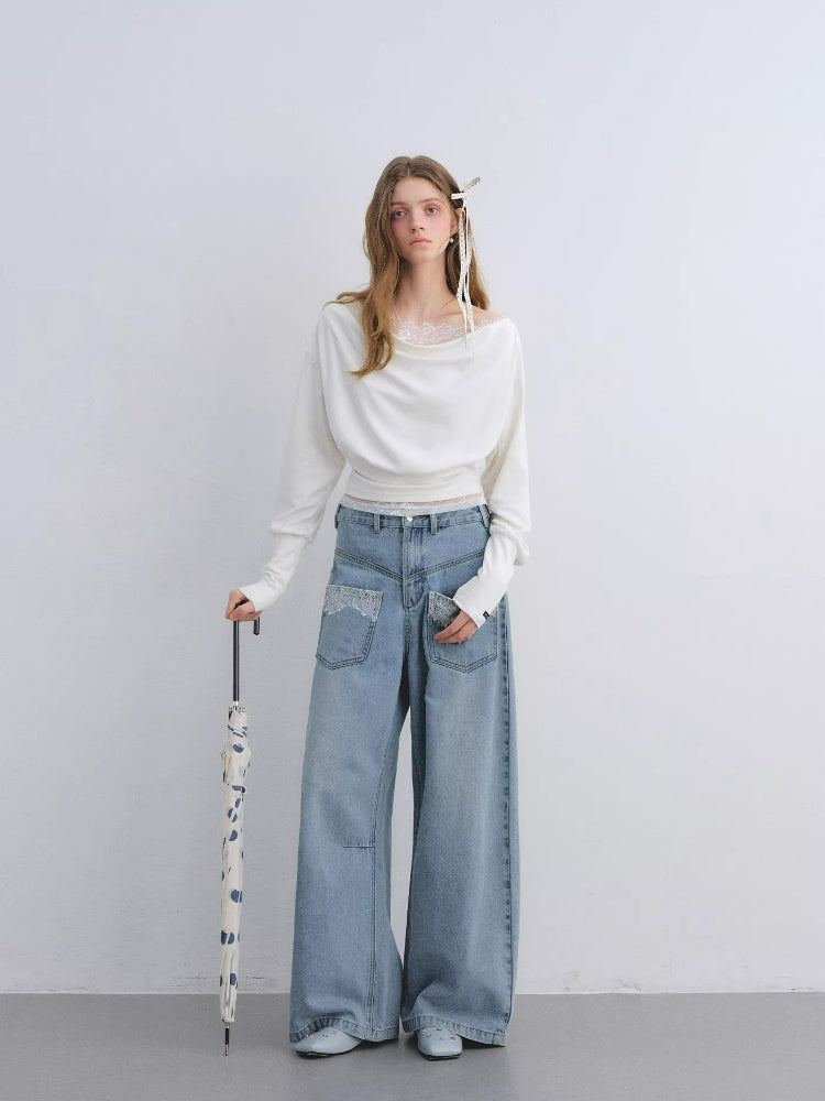 Draped Neck Cinched Waist Lace Patchwork Top