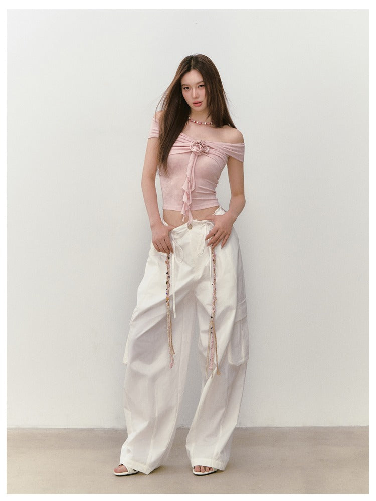 Wide-Leg Beaded Cargo Large Pockets Pants