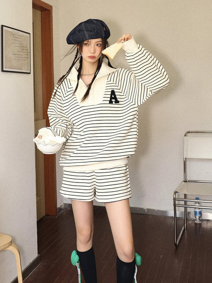 Striped Embroidered Sweatshirt &amp; Shorts Set