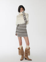 Cable Knit Fringed High-Neck Wool Blend Poncho