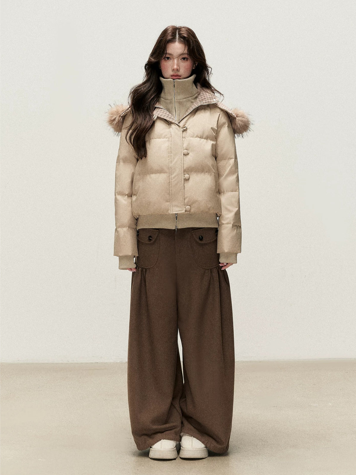 Vintage Brown Pleated Straight-Leg Pants