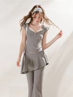 Lace U-Neck Fitted T-Shirt & Pants Set