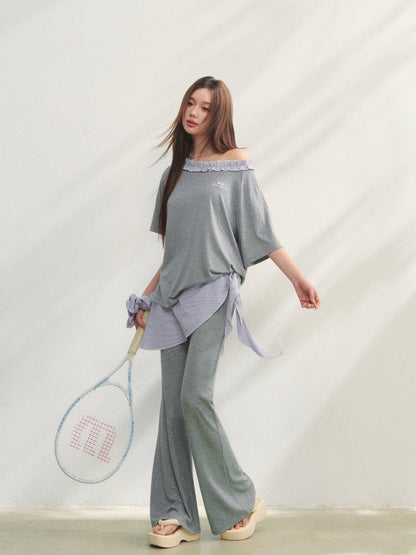 Checkered Asymmetric Shoulder Short-Sleeve T-Shirt &amp; Pants Set