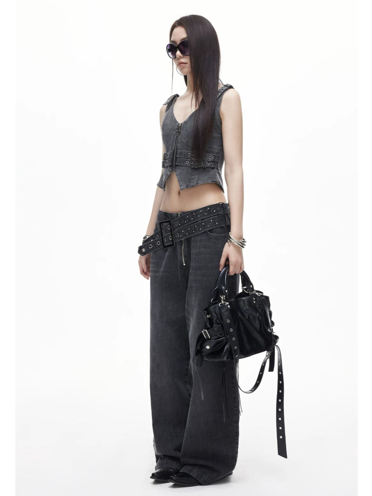 Gray Rivet Wide Leg Jeans