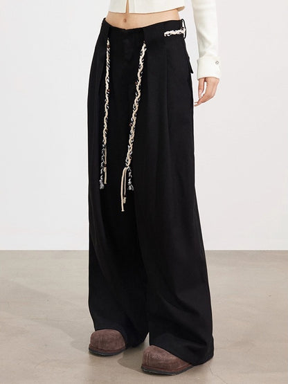 Black &amp; Brown Belted Wool Wide-Leg Pants