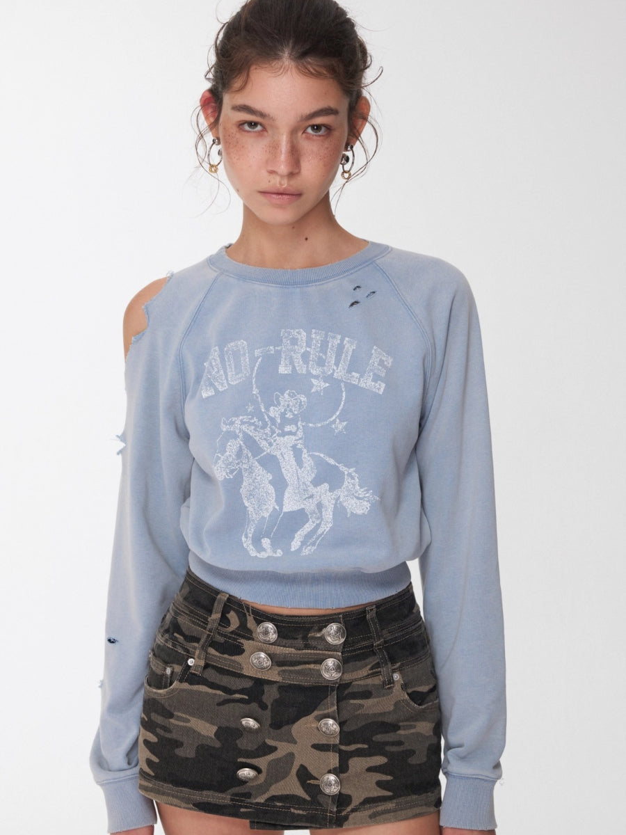 Washed Distressed Knight Cat Graphic Sweatshirt