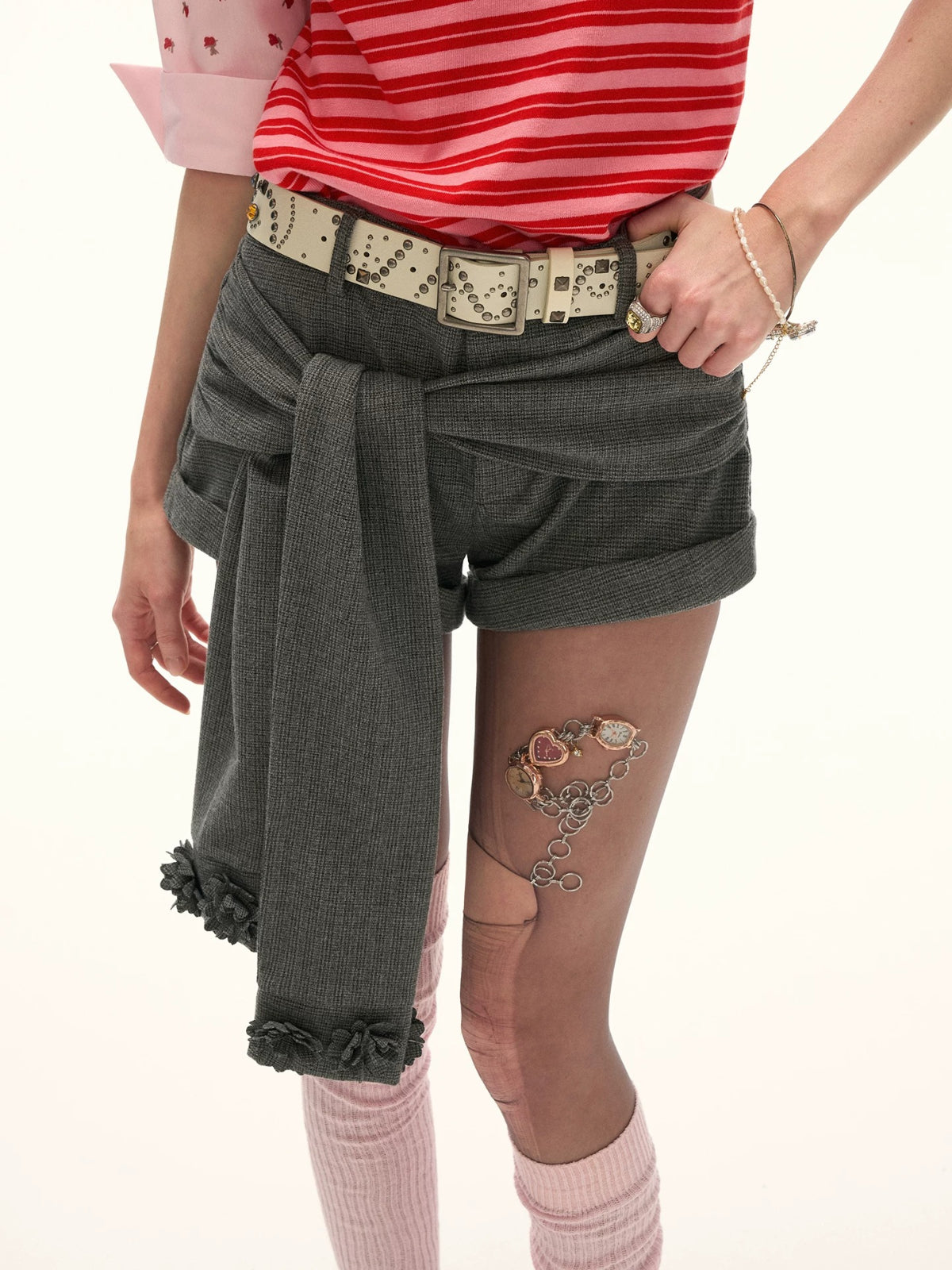 Asymmetric Tie Gray Mini Shorts