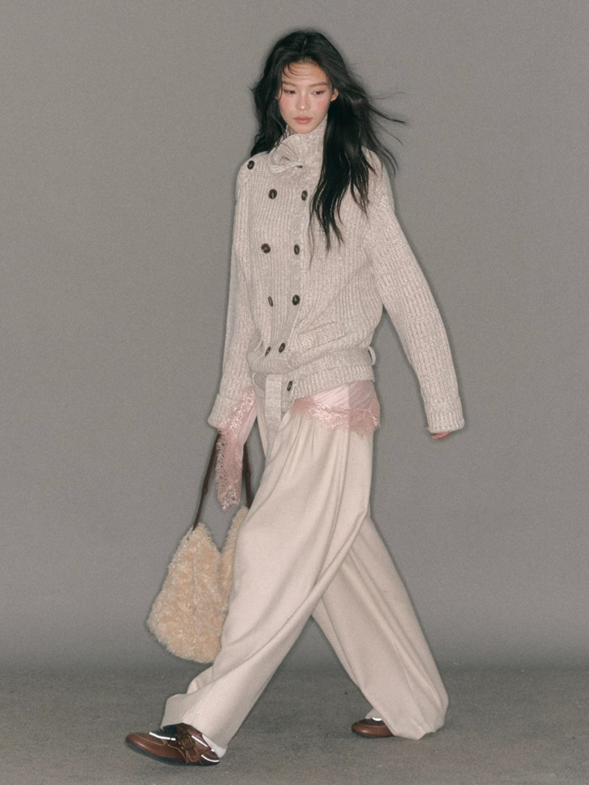 Double-Breasted Turtleneck Knit Cardigan