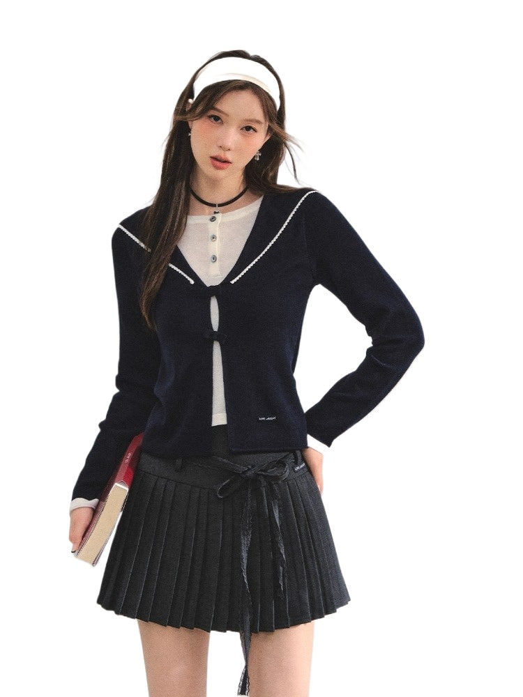 Navy Blue & Gray Sailor-Bow Knit Cardigan