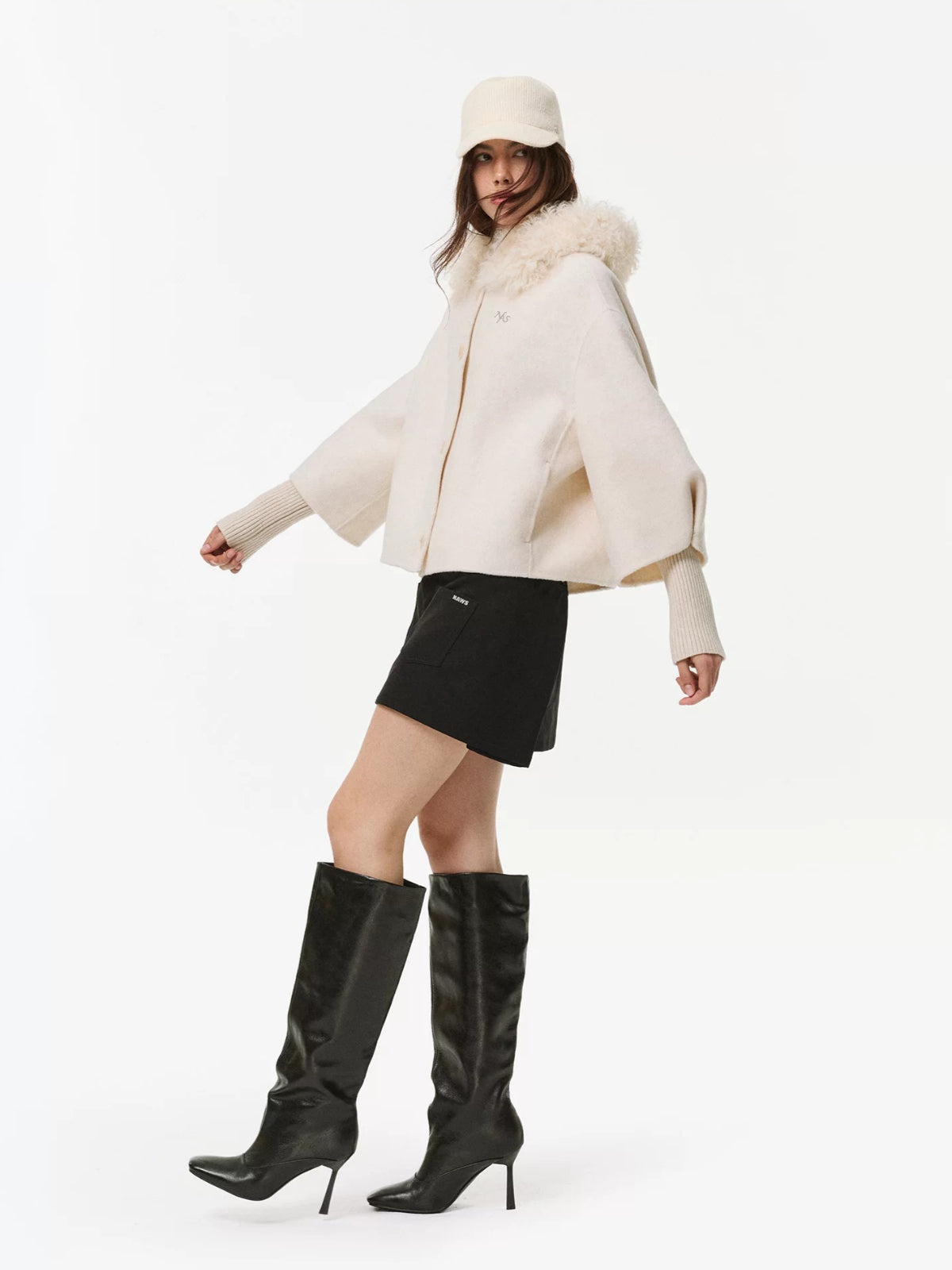 Shearling Collar Wool Cashmere Cape Coat
