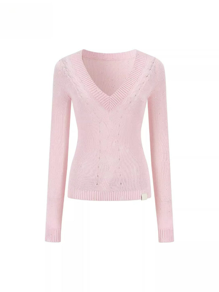 Shimmer Yarn Distressed V-Neck Knit Top