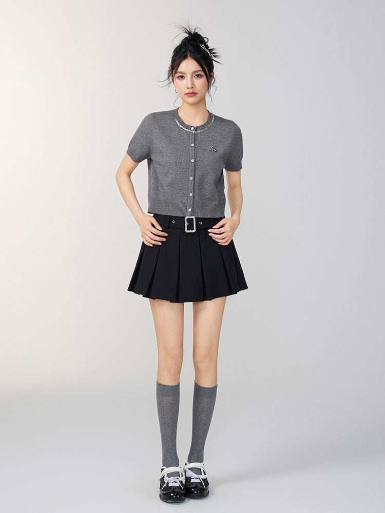 Rhinestone Button Knitted Short-Sleeve Cardigan