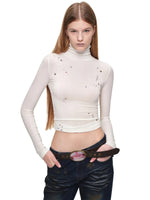Rhinestone Lyocell Wool Turtleneck Top