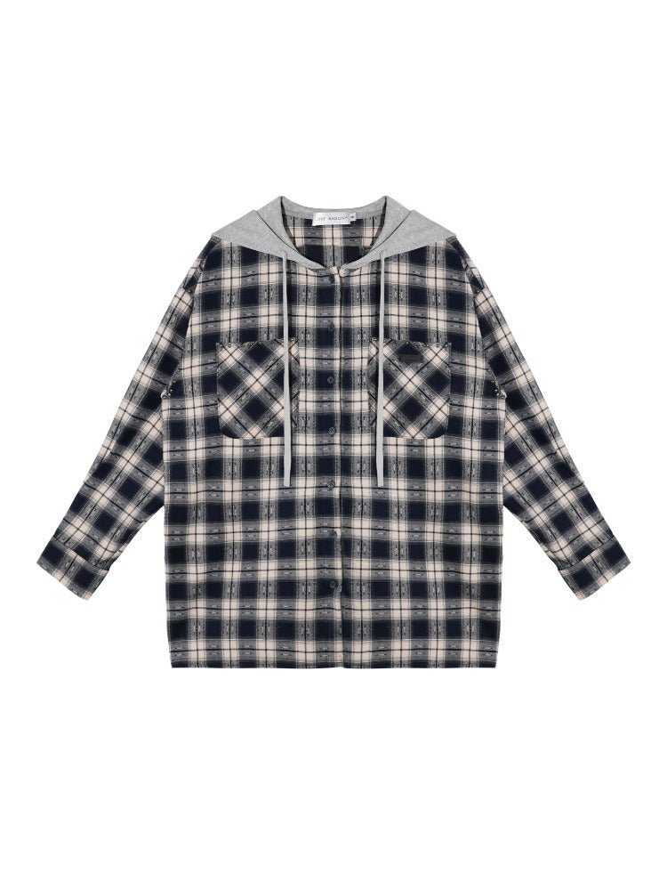 Vintage Plaid Studded Hooded Shirt