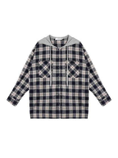 Vintage Plaid Studded Hooded Shirt