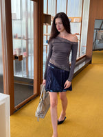 Navy Sequin Pleated Mini Skirt
