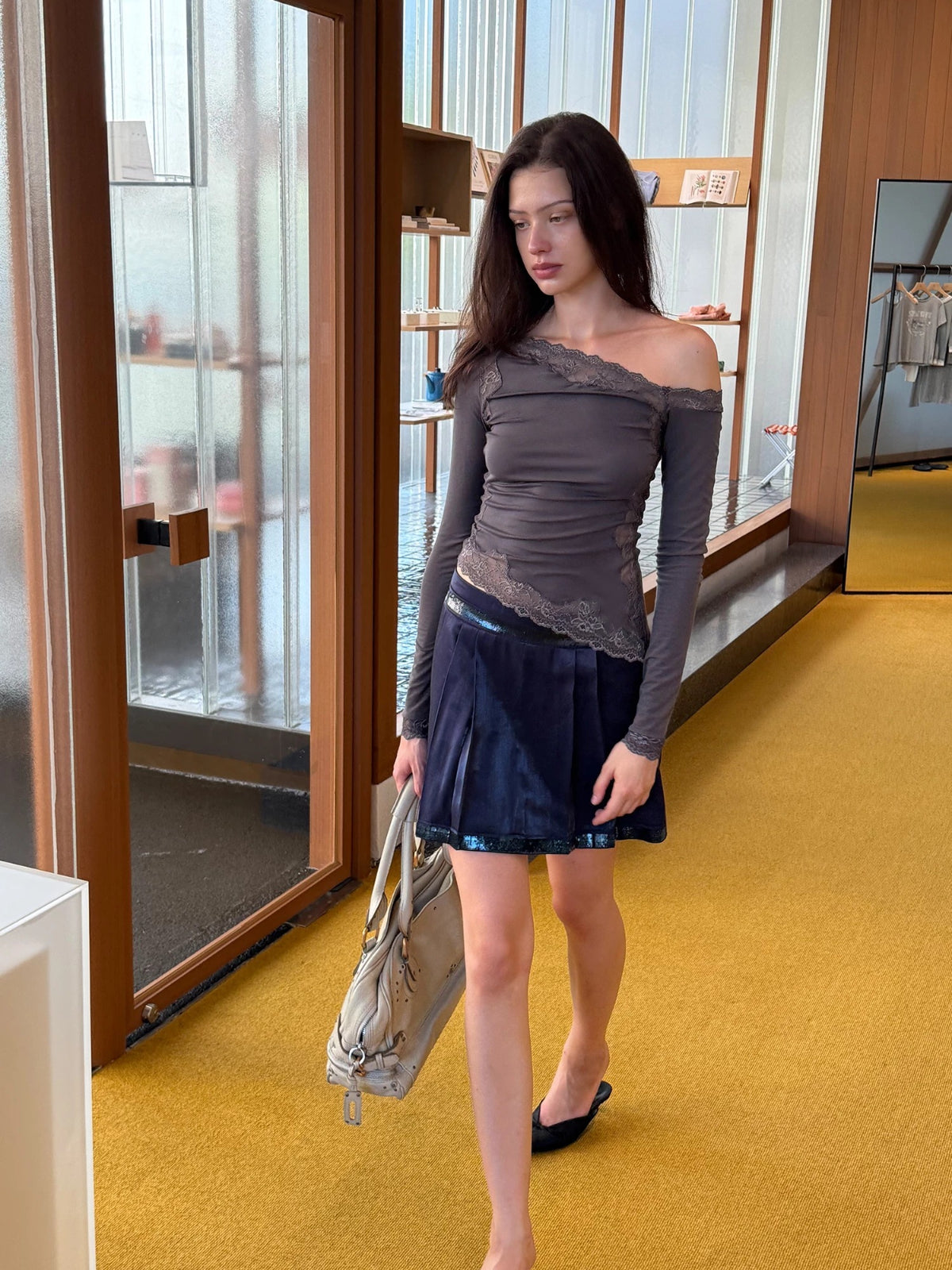 Navy Sequin Pleated Mini Skirt