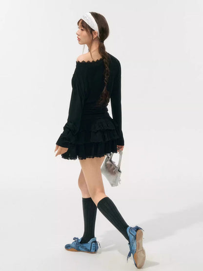 Asymmetric Shoulder Long-Sleeve Top
