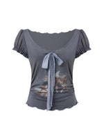 Lyocell Deer Ribbon Print Top