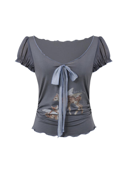 Lyocell Deer Ribbon Print Top