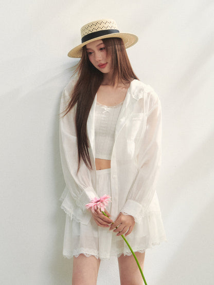 White Lace Panel Hooded Coat &amp; Skirt Set