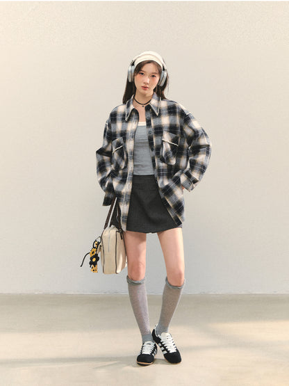 Pearl-Trimmed Polo-Neck Checkered Shirt
