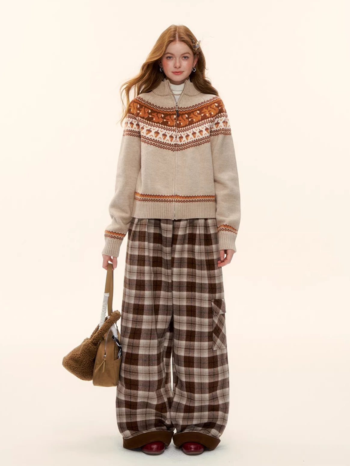 Contrast Plaid Wide-Leg Pants