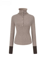 Contrast Cuff Button Neck Sweater
