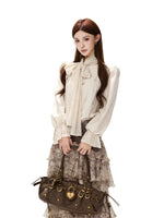 Lace Tie Pleated A-Line Blouse
