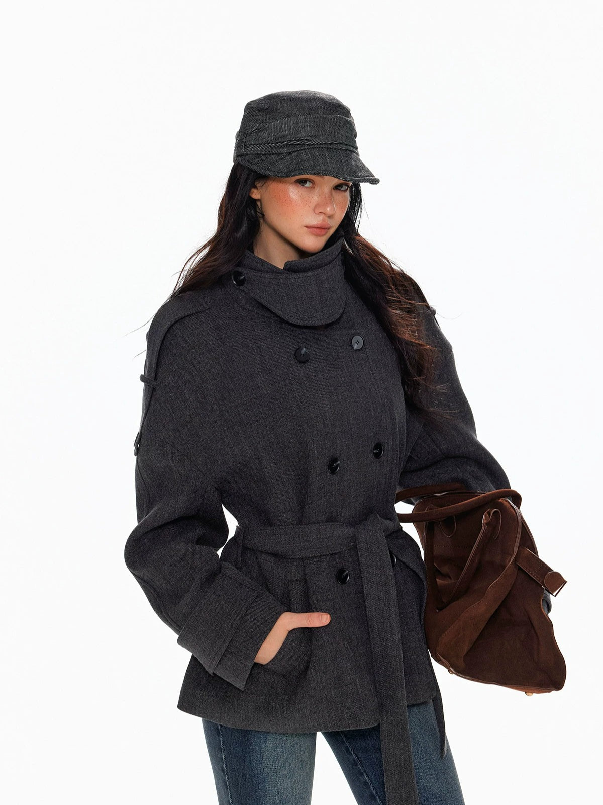 Wool Double Breasted Belted Short Coat