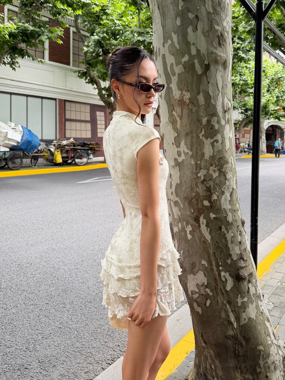 Ivory Floral Ruched Qipao Mini Dress