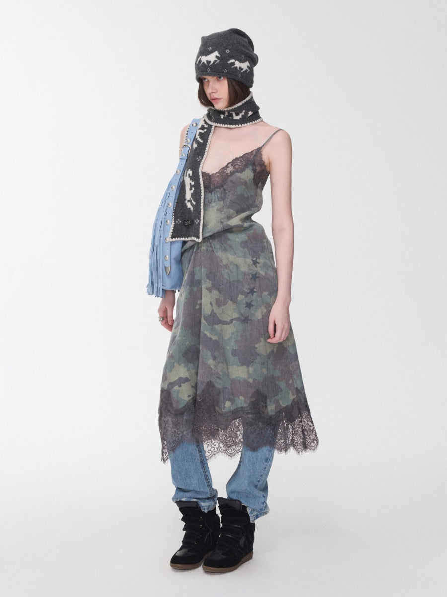Camouflage Lace Trim Slip Dress