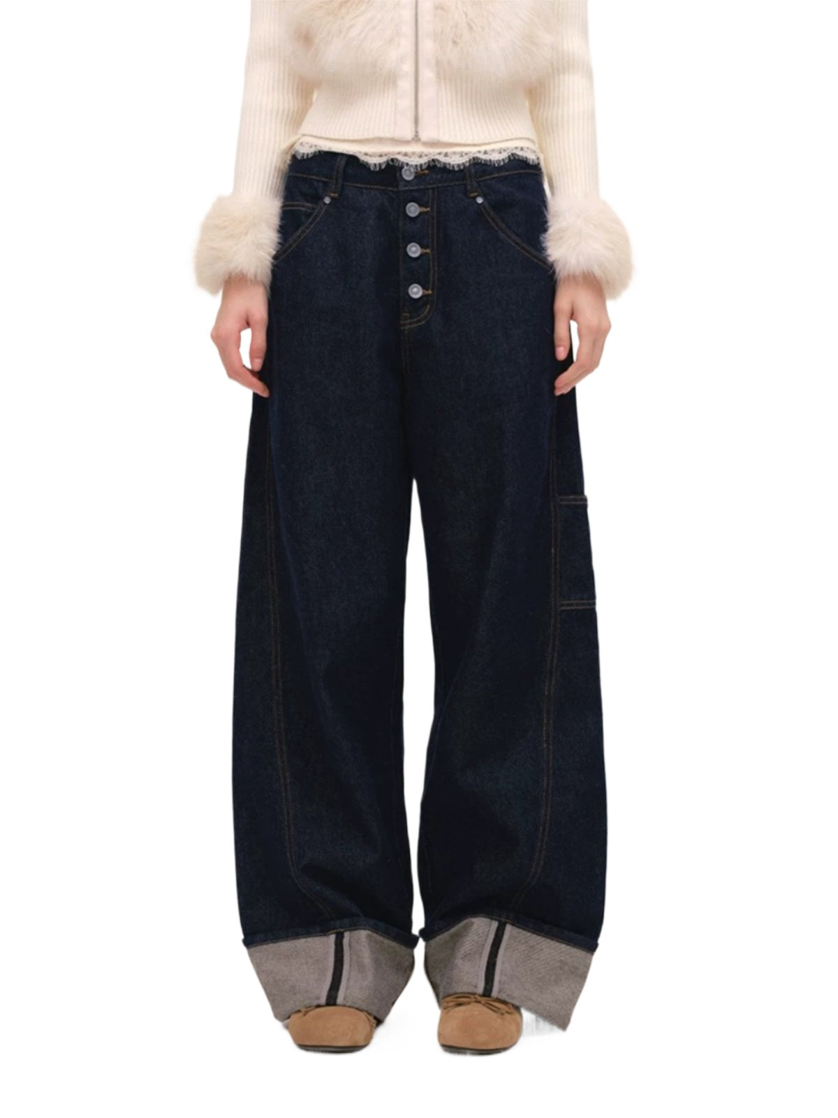 Indigo Button Front Wide-Leg Jeans