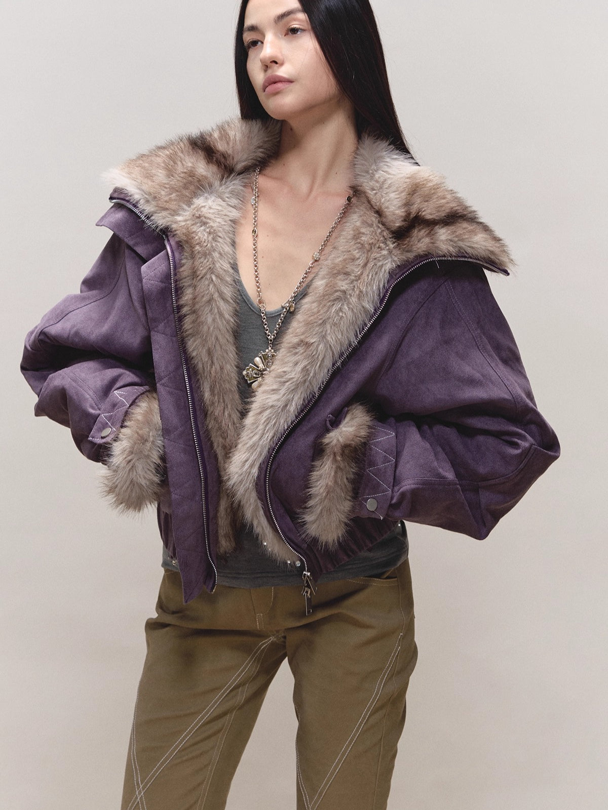 Faux-Suede Fur-Collar Quilted Parka