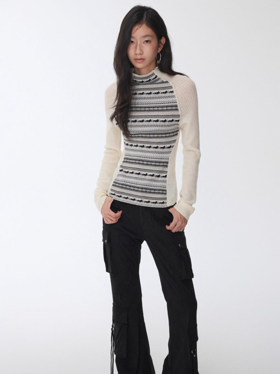 Fair Isle Turtleneck Raglan Sleeve Colorblock Knit Base Layer