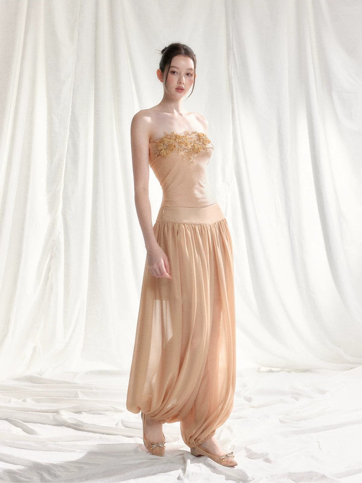 Floral Appliqué Bustier &amp; Mesh Pants Set