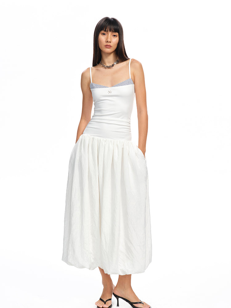 Color - Block Splicing Strappy Puff Dress