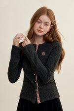 Gray Plaid Trim Cardigan