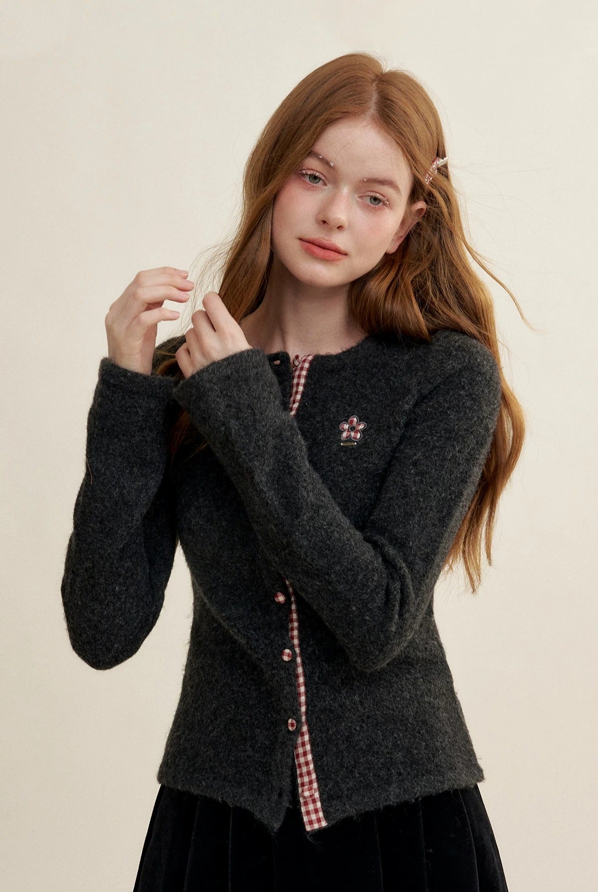 Gray Plaid Trim Cardigan
