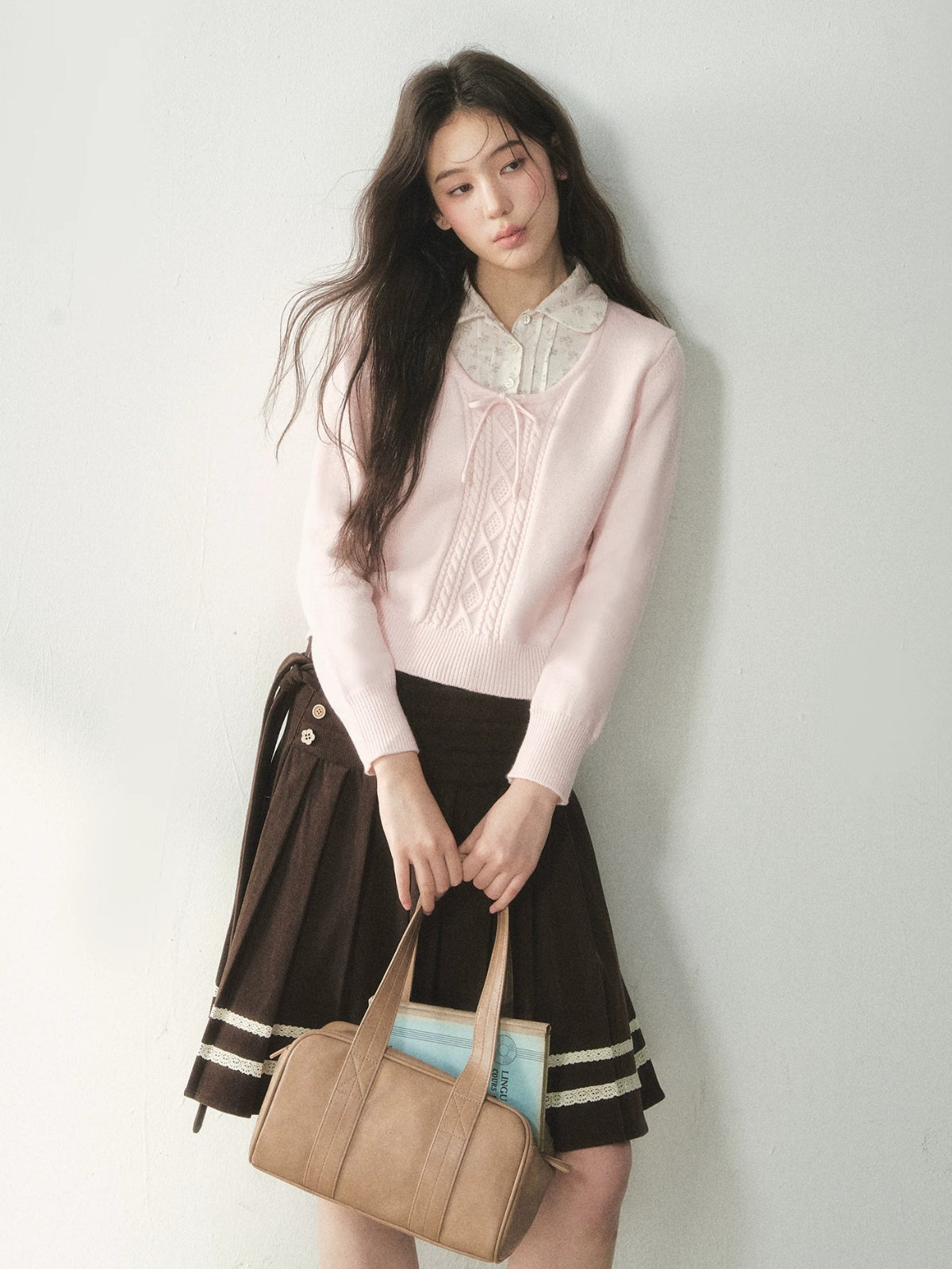 Floral Collar Bow Cable Knit Sweater
