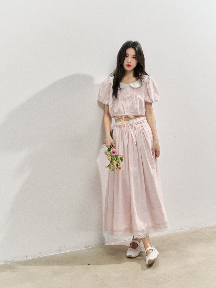Pink Doll‑Collar Drawstring‑Hem Blouse &amp; Flared Midi Skirt