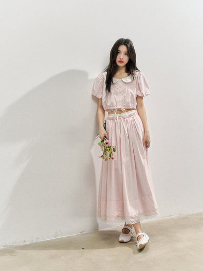 Pink Doll‑Collar Drawstring‑Hem Blouse &amp; Flared Midi Skirt